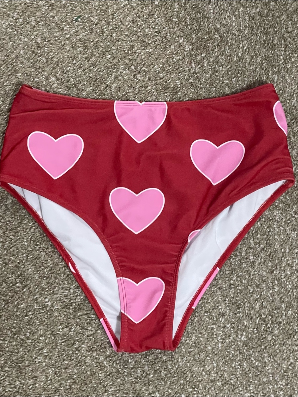 Red High-Waist Swim Bottoms with Pink Heart Print